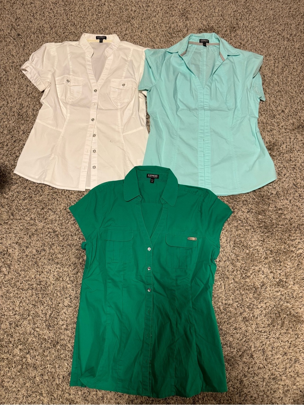 Express Women's Button-Front Shirt Trio in White, Mint, and Emerald Green
